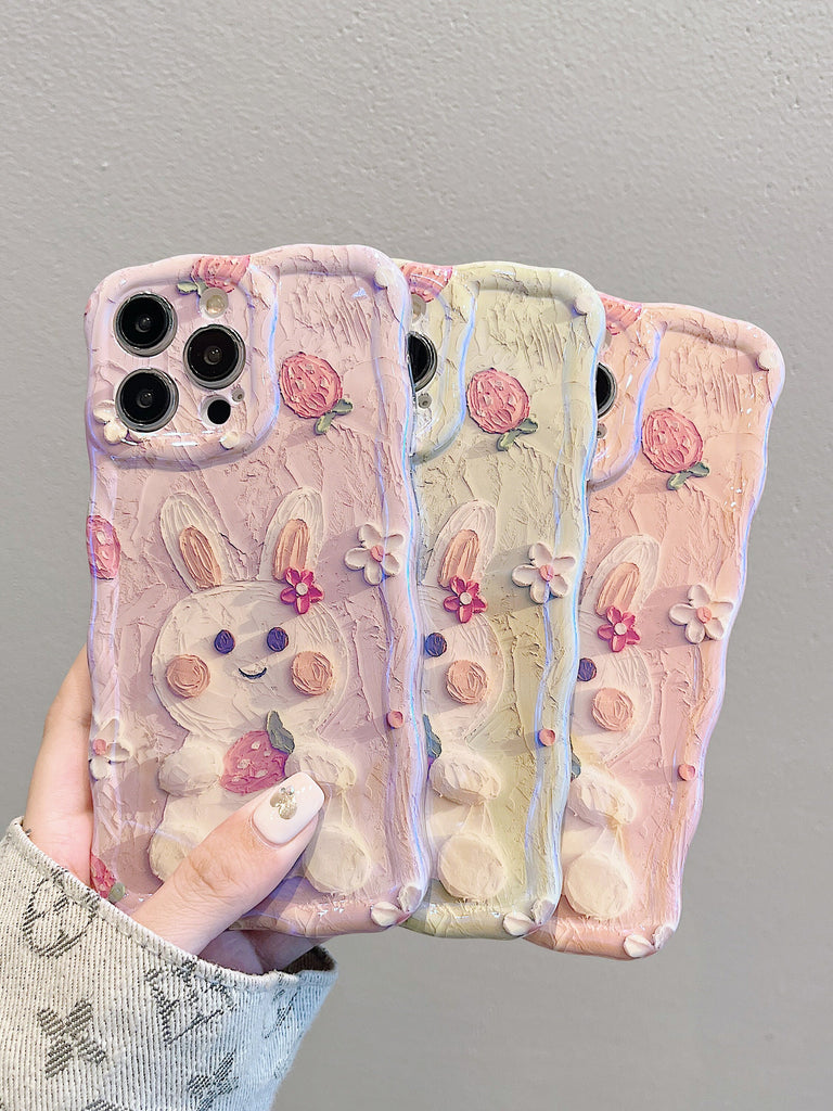 Cute Kawaii Glossy 3D Oil Painting Rabbit Strawberry Flower Design Protective Shockproof iPhone Case for iPhone 11 12 13 14 15 Pro Max Case