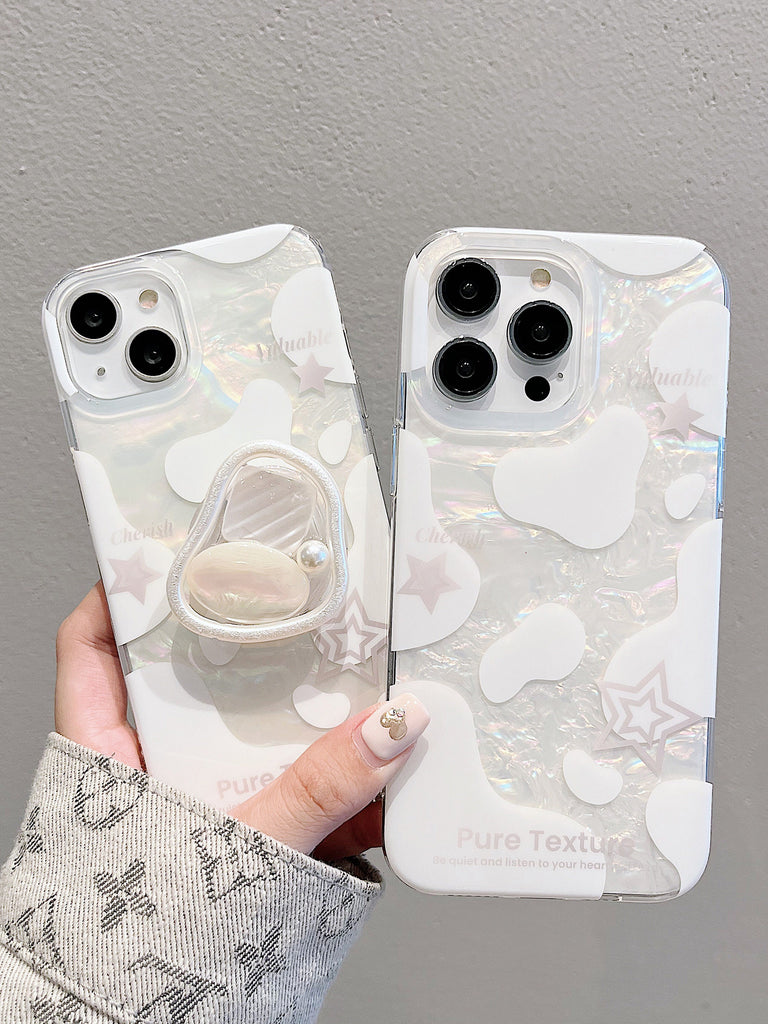 Cute Holographic Milk White Fairy Shell Pattern Design with Stand & Pearl Strap Protective Phone Case for iPhone 11 12 13 14 15 Pro Max Case