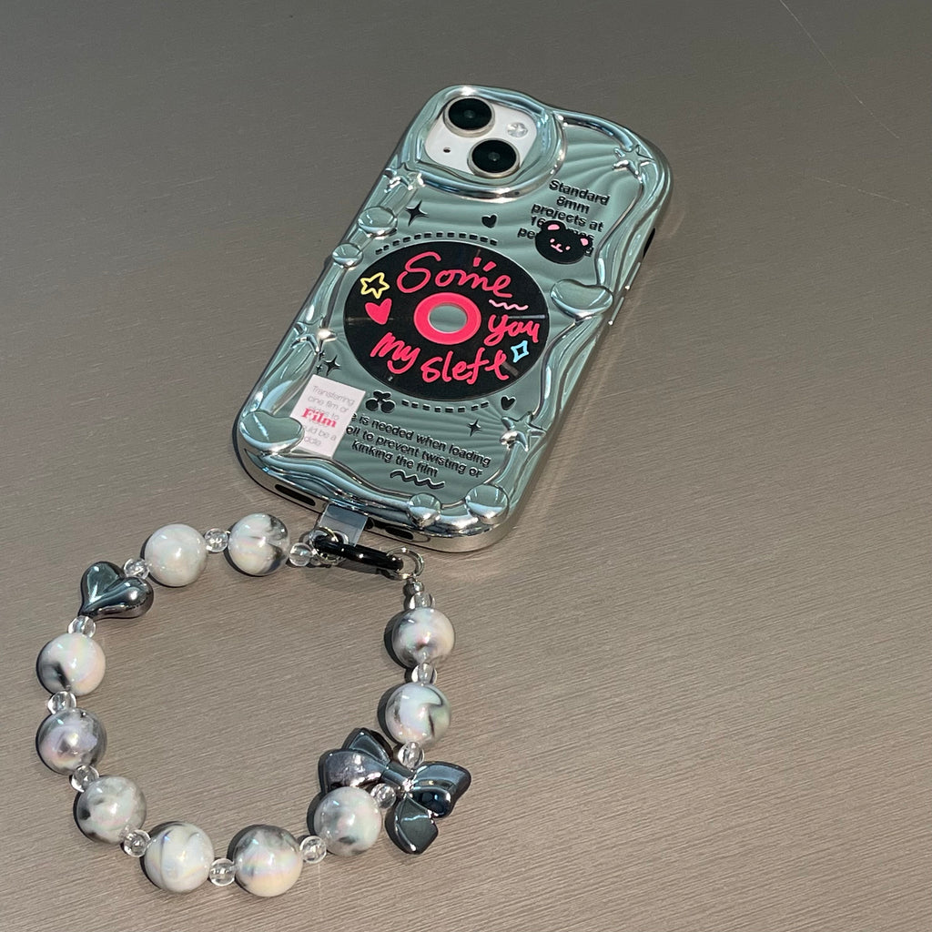 Cute Electroplated Silver Black Disc Design with Beaded Pearl Hand Strap Protective Shockproof iPhone Case for iPhone 11 12 13 14 15 Pro Max