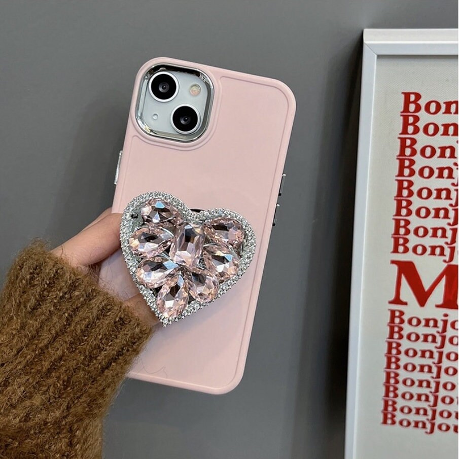Cute Bling Solid Phone Case with Built in Rhinestone Gem Heart Stand + Pearl Strap Protective Shockproof iPhone X XS XR 11 12 13 14 Pro Max
