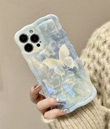 Cute White Butterfly Laser Blue-ray 3D Wavy Design Thick Protective Shockproof Phone Case for iPhone X XR XS 11 12 13 14 15 Pro Max Case