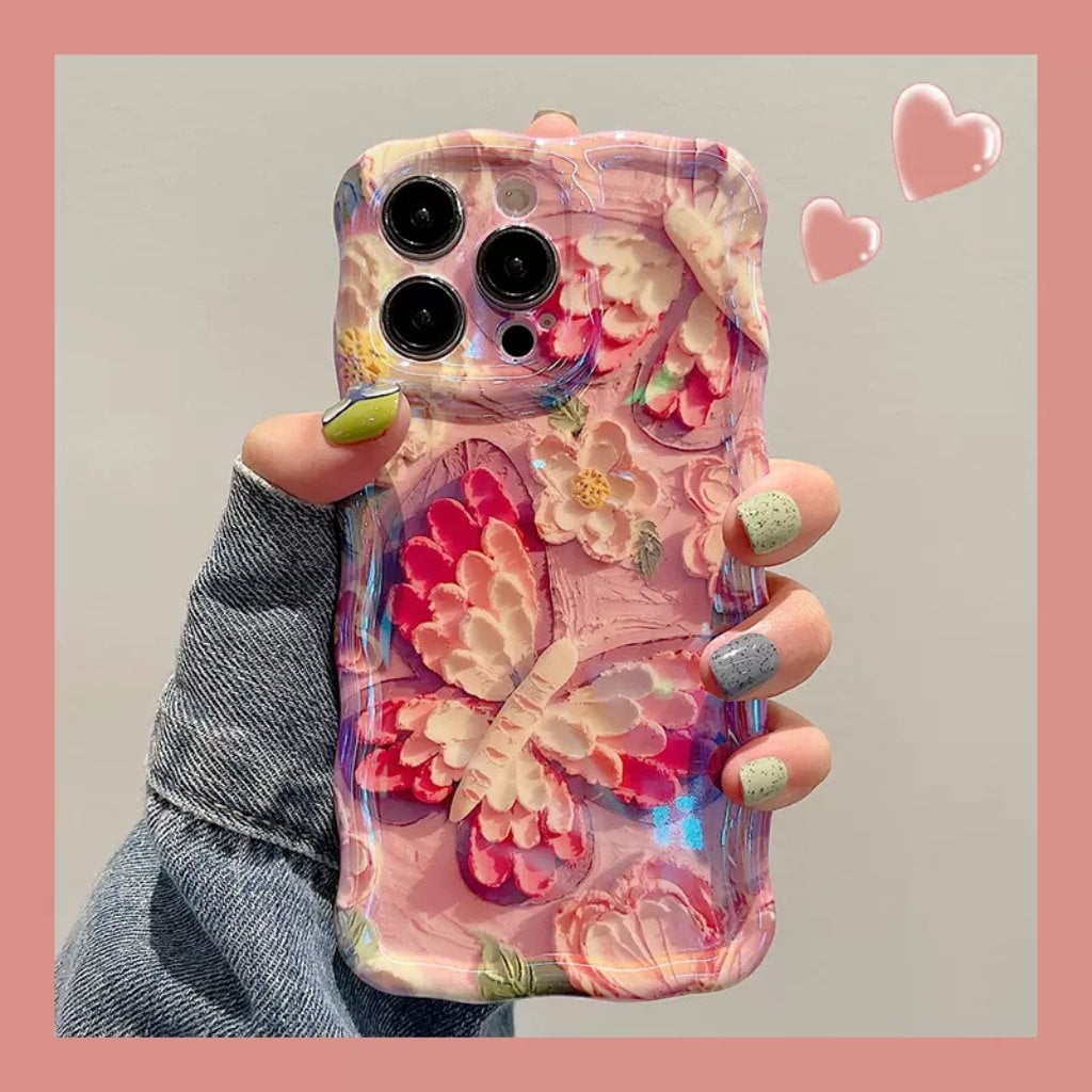 Cute Trendy Pink Oil Painting Butterfly Flowers Design Thick Bulky Protective Shockproof iPhone Case for iPhone 11 12 13 14 Pro Max Case
