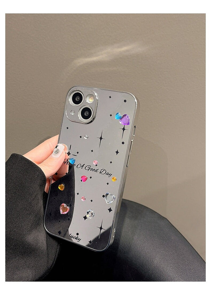 Cute Electroplated Silver Studded Rhinestone Bling Mirror Design Protective Shockproof Phone Case for iPhone 11 12 13 14 15 Pro Max Case