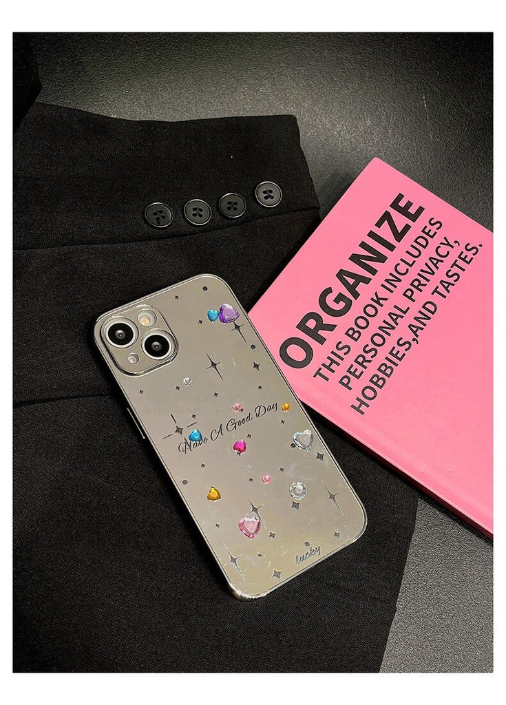 Cute Electroplated Silver Studded Rhinestone Bling Mirror Design Protective Shockproof Phone Case for iPhone 11 12 13 14 15 Pro Max Case