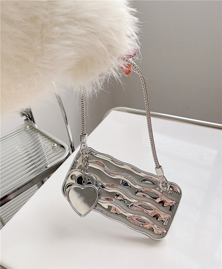 Cute Electroplated Silver 3D Waves Design + Silver Heart Shape Mirror Chain Strap Protective iPhone Case for iPhone 11 12 13 14 Pro Max Case