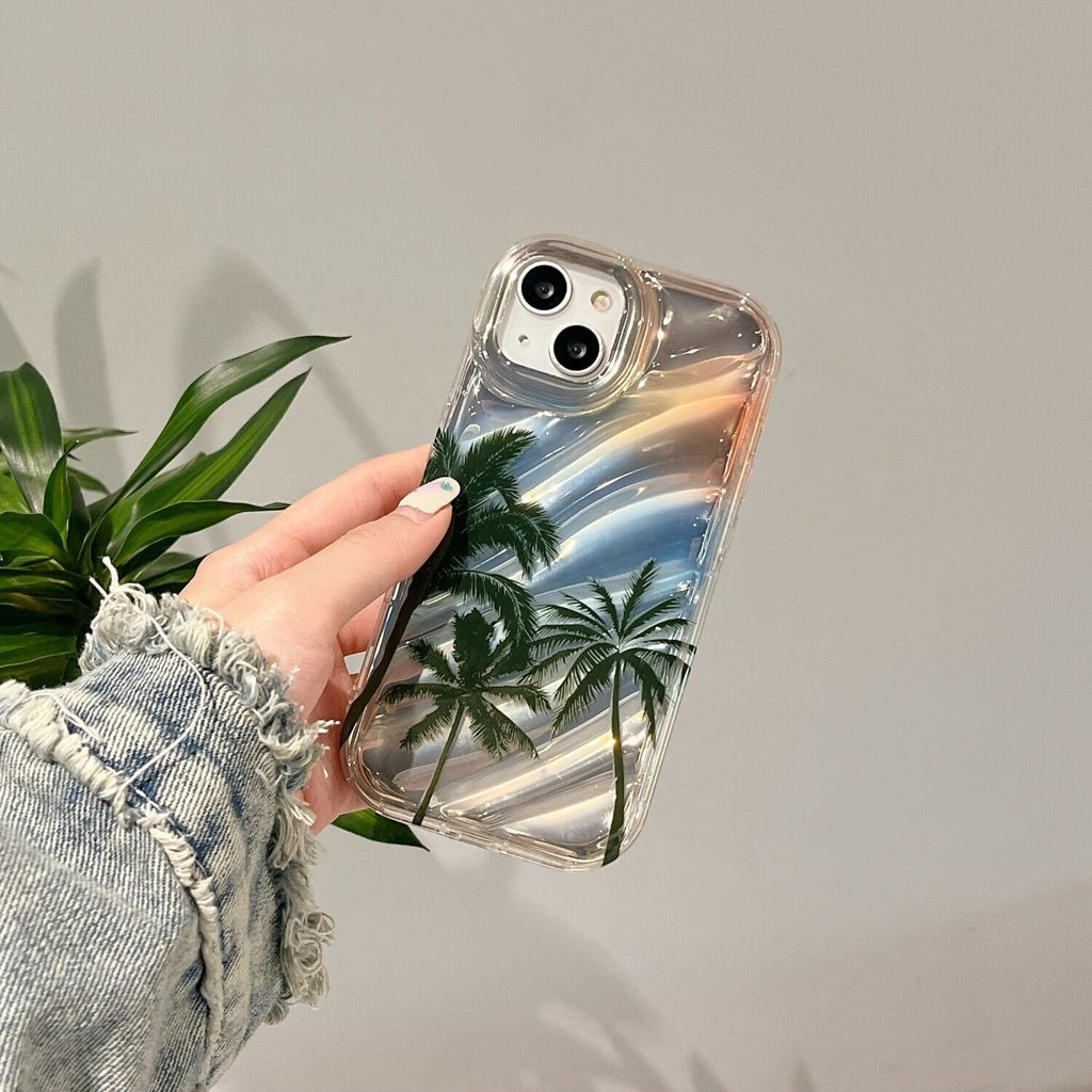 Cute Gradient Glossy 3D Waves Tropical Island Palm Trees Design Protective Shockproof Phone Case for iPhone 11 12 13 14 15 Pro Max Case