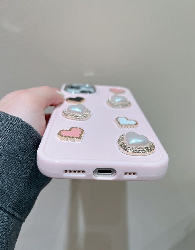 Cute Kawaii Simple Solid Pink Decoden Studded Hearts Pearls Design Protective Shockproof iPhone Case for iPhone 11 12 13 14 15 Pro Max Case