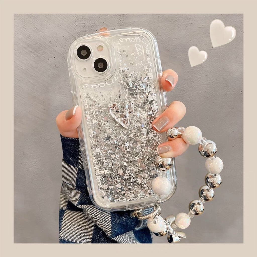 Cute Thick Clear Liquid with Silver Glitter Design + Bead Strap Protective Shockproof Phone Case for iPhone 11 12 13 14 15 Pro Max Case