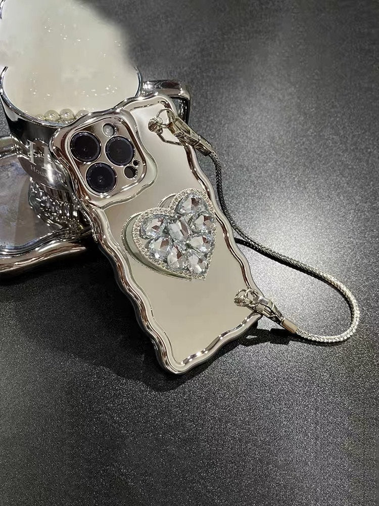Cute Bling Electroplated + Rhinestone Gem Heart Stand + Chain Strap Protective Shockproof Phone Case iPhone X XS XR 11 12 13 14 Pro Max