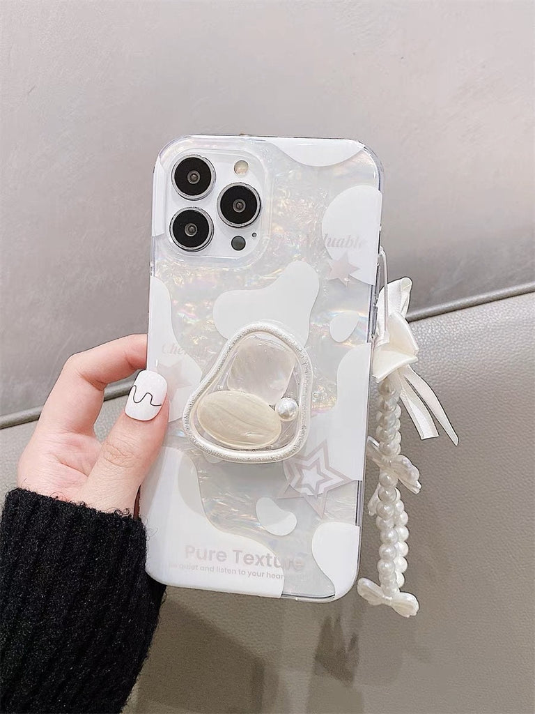 Cute Holographic Milk White Fairy Shell Pattern Design with Stand & Pearl Strap Protective Phone Case for iPhone 11 12 13 14 15 Pro Max Case