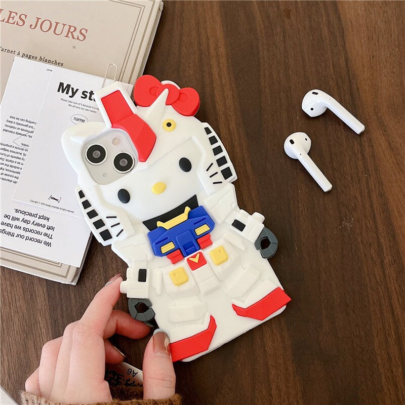 Cute 3D Hello Kitty x Gundam Cartoon Design Protective Shockproof iPhone Case + Built in AirPods Holder for iPhone 11 12 13 14 15 Pro Max