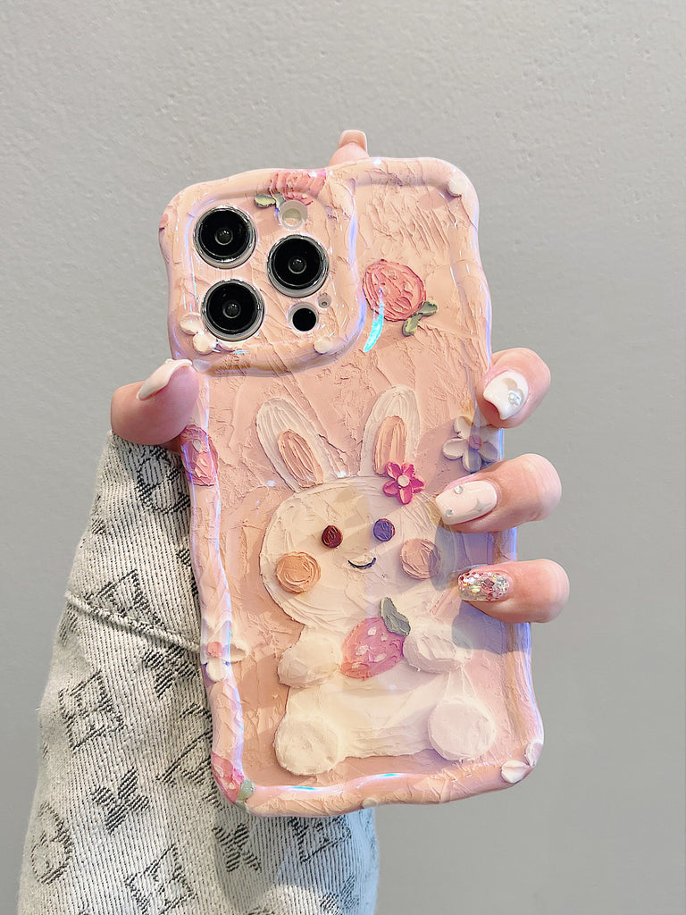 Cute Kawaii Glossy 3D Oil Painting Rabbit Strawberry Flower Design Protective Shockproof iPhone Case for iPhone 11 12 13 14 15 Pro Max Case