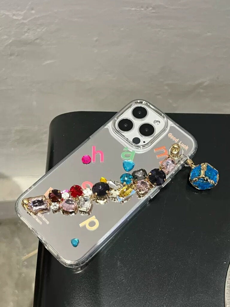 Cute Silver Mirror Gem Studs Colorful Alphabets Print Design Protective Phone Case + Gem Chain Strap for iPhone 11 12 13 14 15 Pro Max Case