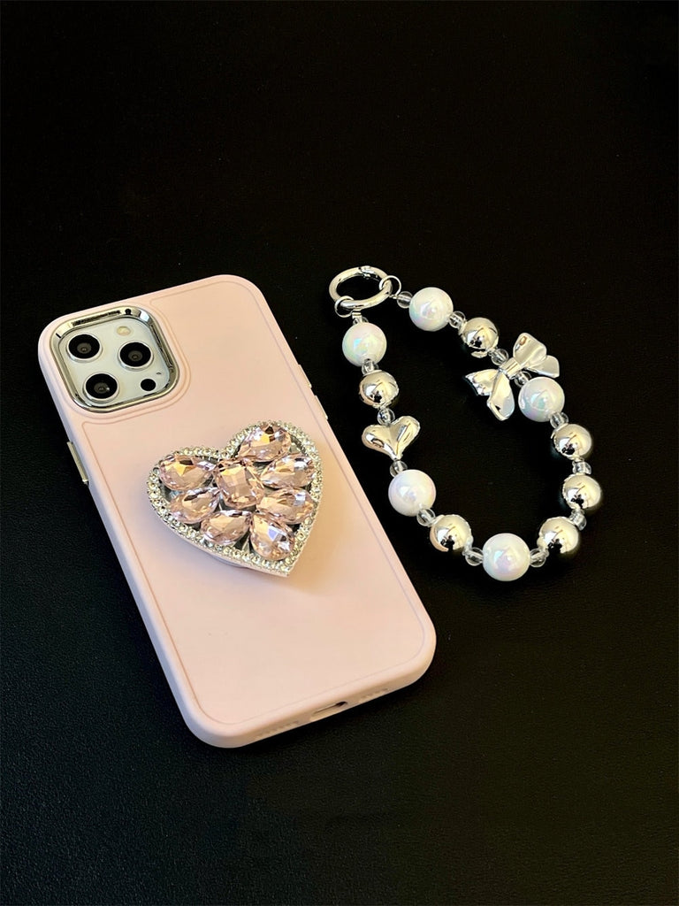 Cute Bling Solid Phone Case with Built in Rhinestone Gem Heart Stand + Pearl Strap Protective Shockproof iPhone X XS XR 11 12 13 14 Pro Max