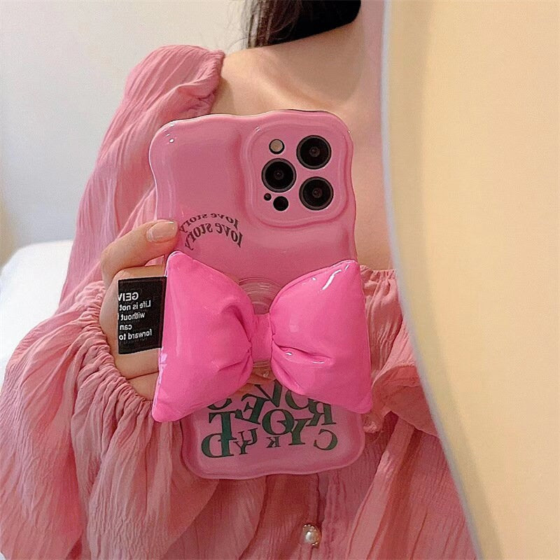 Cute Solid Pink Alphabets Letters Air Cushion Phone Case + Bow Shaped Stand Protective Shockproof for iPhone X XS XR 11 12 13 14 15 Pro Max