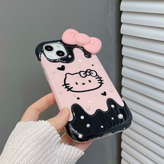 Cute Kawaii Hello Kitty Cartoon Studded White Pearls Pink Bow Design Protective Shockproof iPhone Case for iPhone 11 12 13 14 Pro Max Case