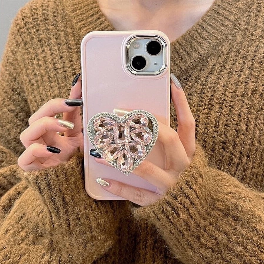 Cute Bling Solid Phone Case with Built in Rhinestone Gem Heart Stand + Pearl Strap Protective Shockproof iPhone X XS XR 11 12 13 14 Pro Max