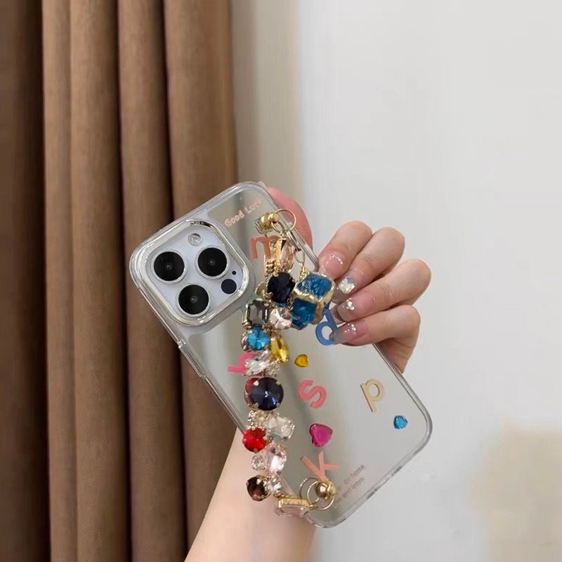 Cute Silver Mirror Gem Studs Colorful Alphabets Print Design Protective Phone Case + Gem Chain Strap for iPhone 11 12 13 14 15 Pro Max Case