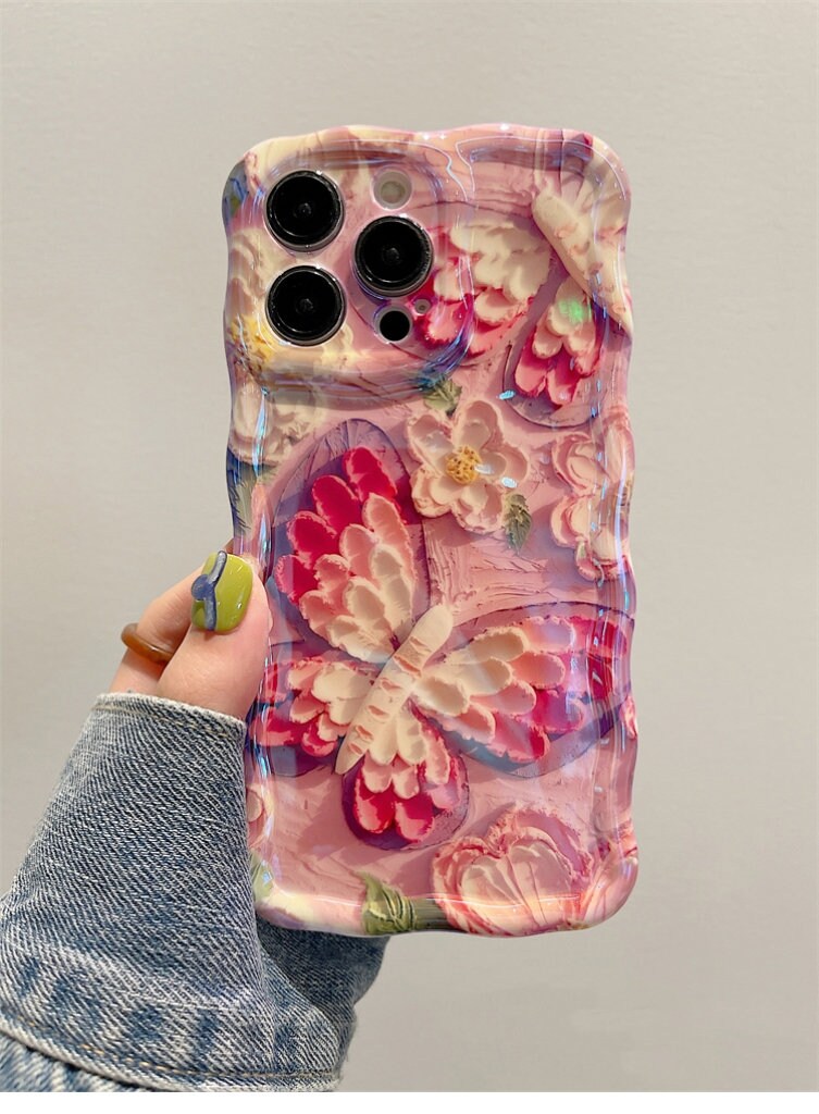 Cute Trendy Pink Oil Painting Butterfly Flowers Design Thick Bulky Protective Shockproof iPhone Case for iPhone 11 12 13 14 Pro Max Case