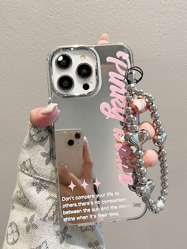 Cute Electroplated Mirror Inspirational Words + Silver Pearl Strap Protective Shockproof Phone Case for iPhone 11 12 13 14 15 Pro Max Case