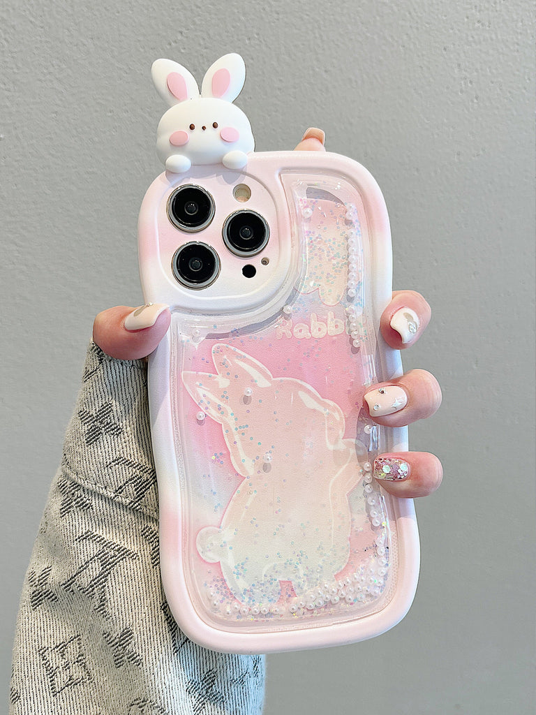Cute Kawaii Pink & White Bunny Liquid Glitter Design Protective Thick Bulky Shockproof iPhone Case for iPhone 11 12 13 14 15 Pro Max Case