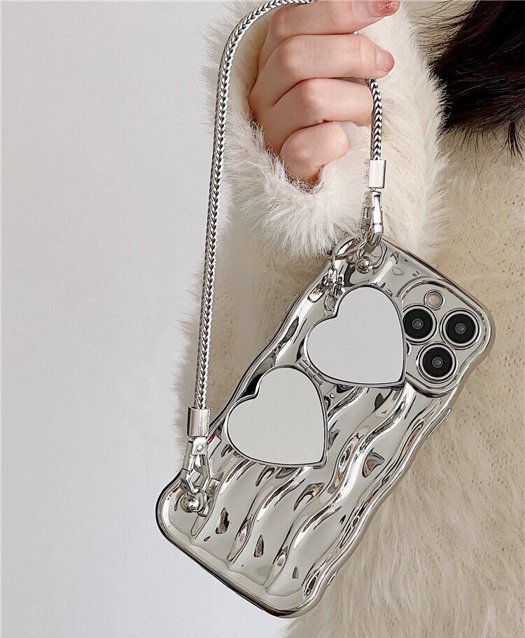 Cute Electroplated Silver 3D Waves Design + Silver Heart Shape Mirror Chain Strap Protective iPhone Case for iPhone 11 12 13 14 Pro Max Case