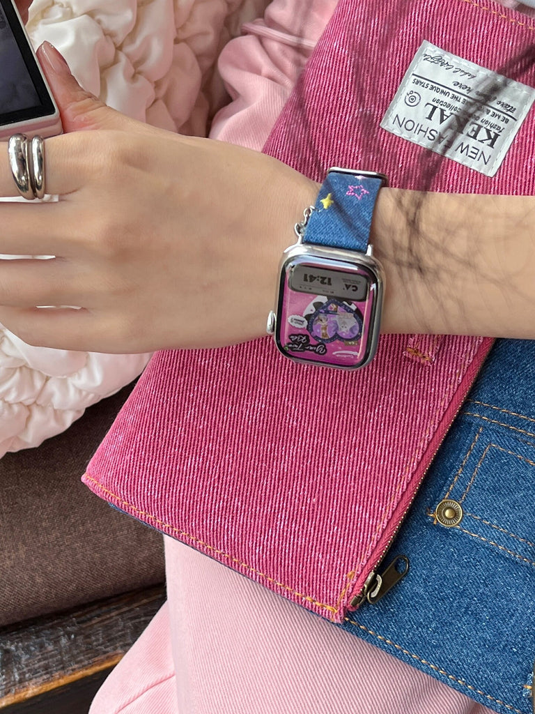 Cute Denim Blue & Pink Apple Watch Band Series 1 2 3 4 5 6 7 8 9 Ultra Generation 38mm 40mm 41mm 42mm 44mm 45mm 49mm Chain Apple Watch Strap