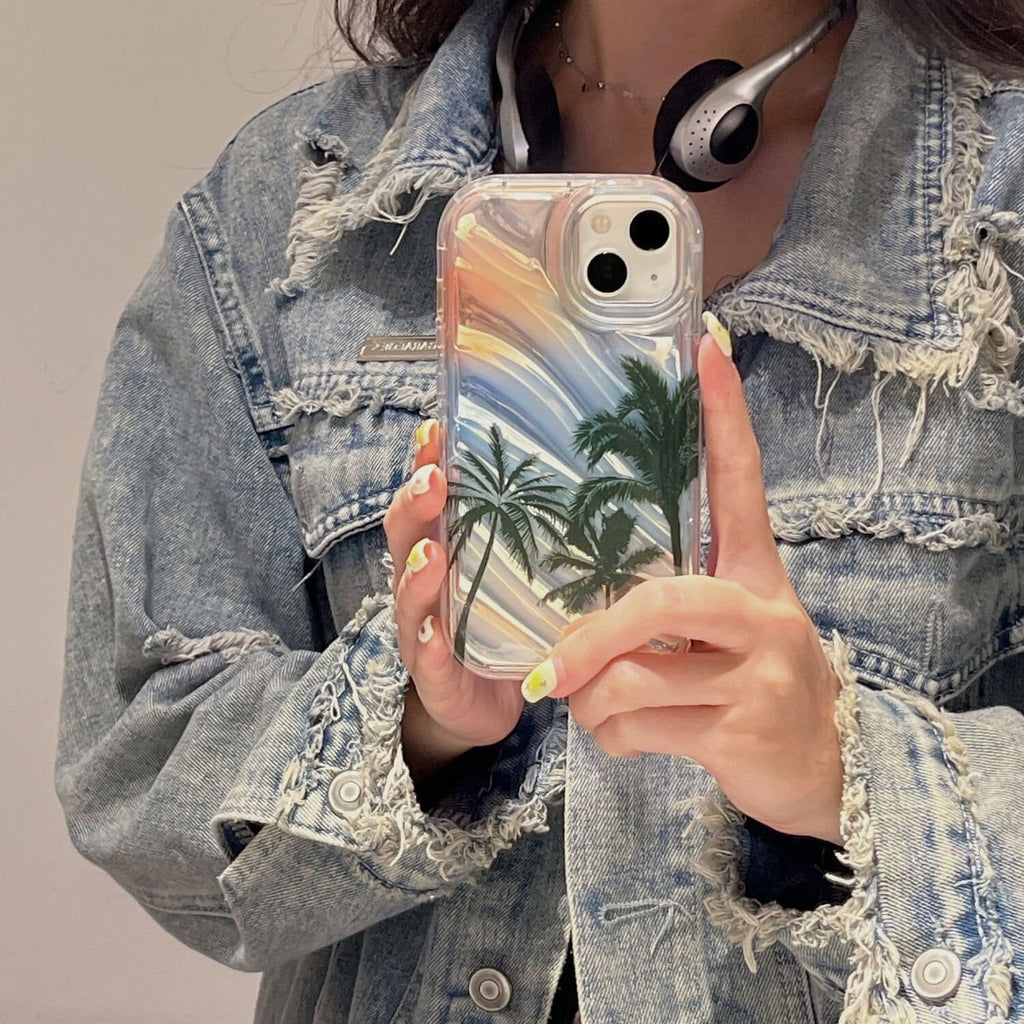 Cute Gradient Glossy 3D Waves Tropical Island Palm Trees Design Protective Shockproof Phone Case for iPhone 11 12 13 14 15 Pro Max Case