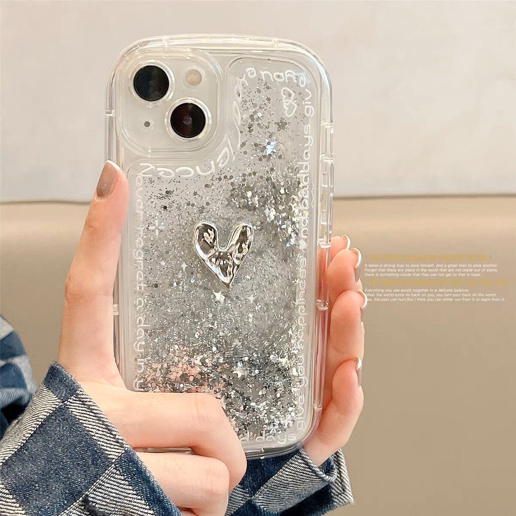 Cute Thick Clear Liquid with Silver Glitter Design + Bead Strap Protective Shockproof Phone Case for iPhone 11 12 13 14 15 Pro Max Case