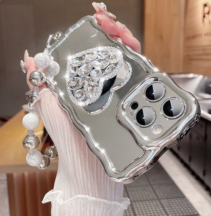 Cute Bling Electroplated + Rhinestone Gem Heart Stand + Chain Strap Protective Shockproof Phone Case iPhone X XS XR 11 12 13 14 Pro Max