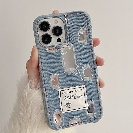 Cute Fashionable Distressed Denim Silver Mirror Design Thick Protective Shockproof iPhone Case for iPhone 11 12 13 14 15 Pro Max Case