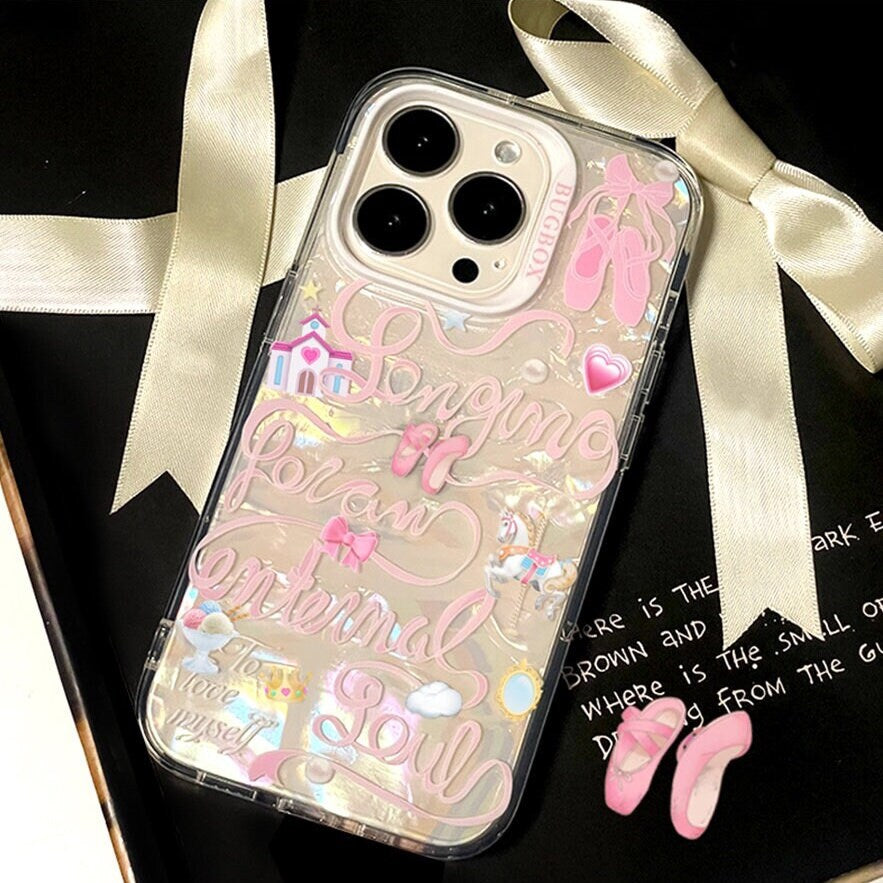 Cute Kawaii Princess Clear Holographic Cursive Writings Design Protective Shockproof iPhone Case for iPhone 11 12 13 14 15 Pro Max Case