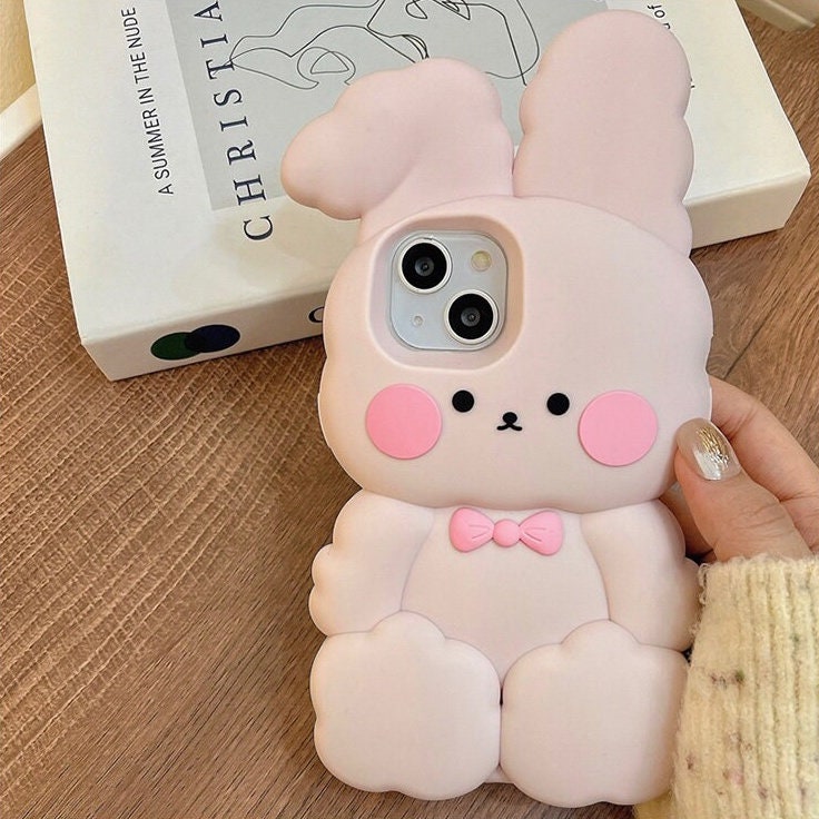 Cute Matte 3D Pink Bunny Rabbit Design + Pink Strap Thick Bulky Protective Shockproof iPhone Case for iPhone 11 12 13 14 15 Pro Max Case