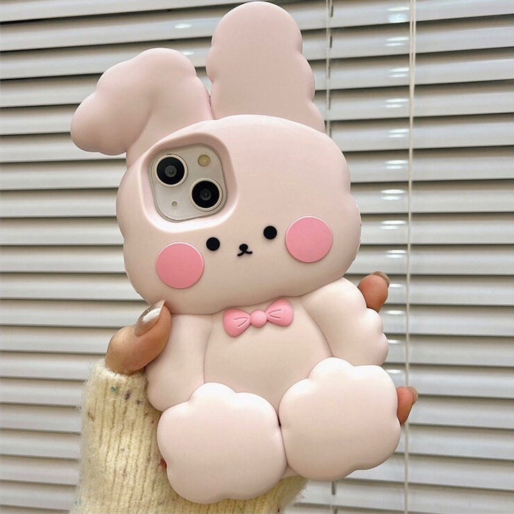 Cute Matte 3D Pink Bunny Rabbit Design + Pink Strap Thick Bulky Protective Shockproof iPhone Case for iPhone 11 12 13 14 15 Pro Max Case