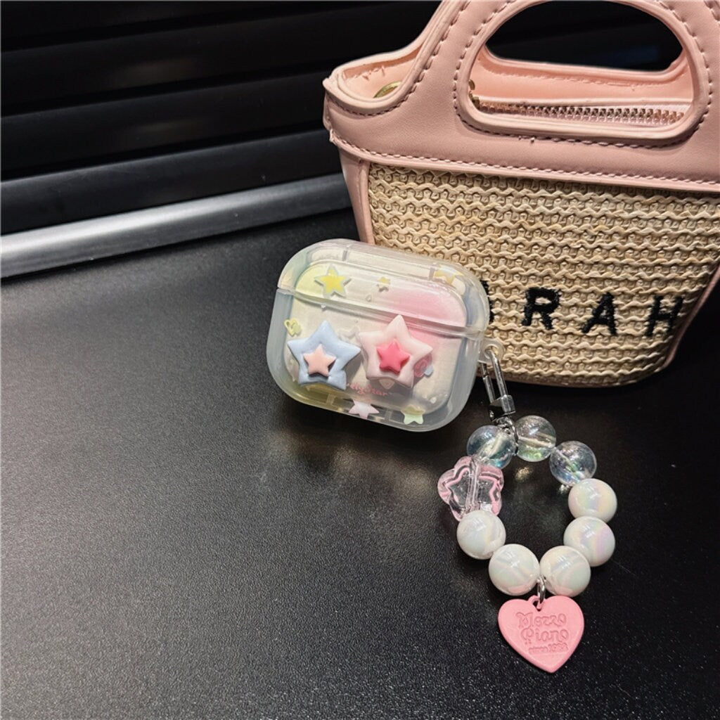 Cute Star Print Clear Protective Cover AirPods Case + Bead Pearl Hand Strap for AirPods 1 2 3 Pro 2 Generation Shockproof AirPods Case