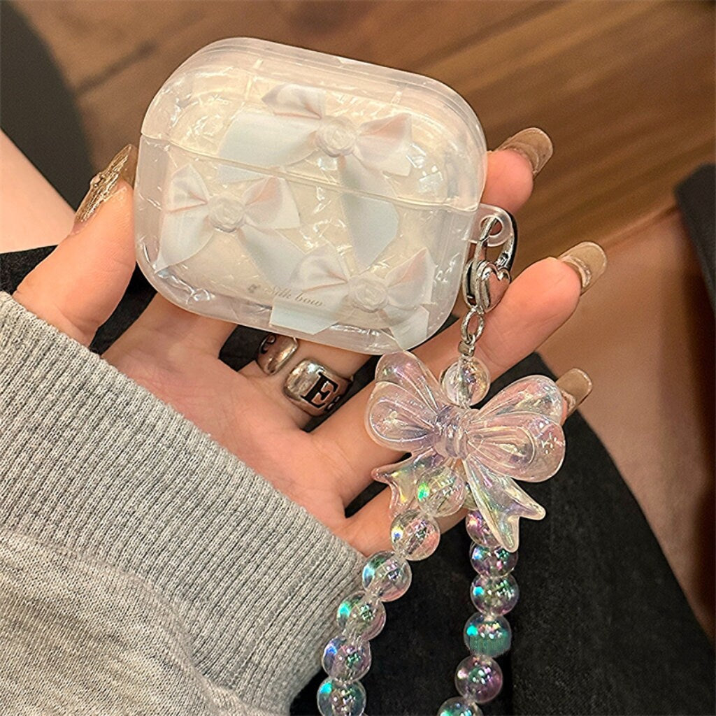 Cute White Bow Tie Print Clear Protective Cover AirPods Case + Beaded Hand Strap for AirPods 1 2 3 Pro 2 Generation Shockproof AirPods Case