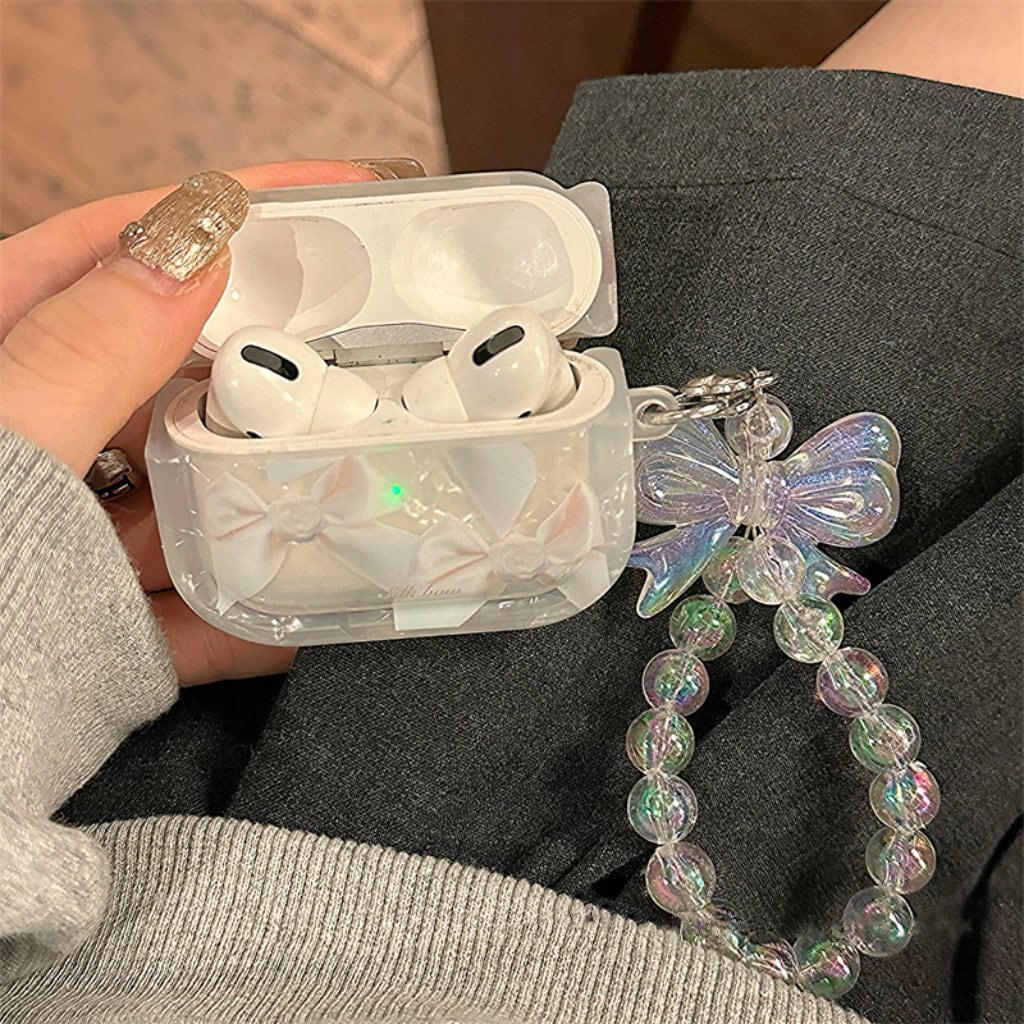 Cute White Bow Tie Print Clear Protective Cover AirPods Case + Beaded Hand Strap for AirPods 1 2 3 Pro 2 Generation Shockproof AirPods Case