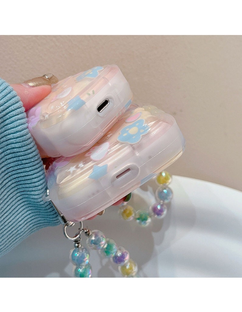 Cute Star Bunny Print Wave Shaped Clear Protective Cover Shockproof AirPods Case + Beaded Hand Strap for AirPods 1 2 3 Pro 2 Generation Case