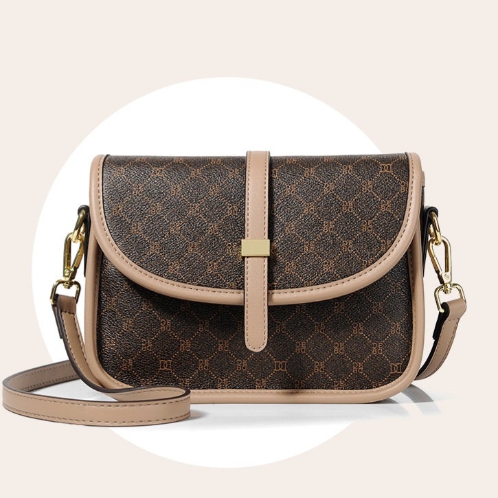 Cute Brown Simple Minimalist Geometric Pattern Rhombus Luxury Vegan Leather PVC Crossbody Bag for Women, Shoulder Bag, Messenger Bag
