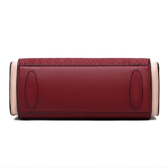 Cute Red Minimalist Geometric Swirl Pattern Design Luxury Genuine Leather Handheld Handbag for Women + Satin Scarf Decor, Shoulder Bag