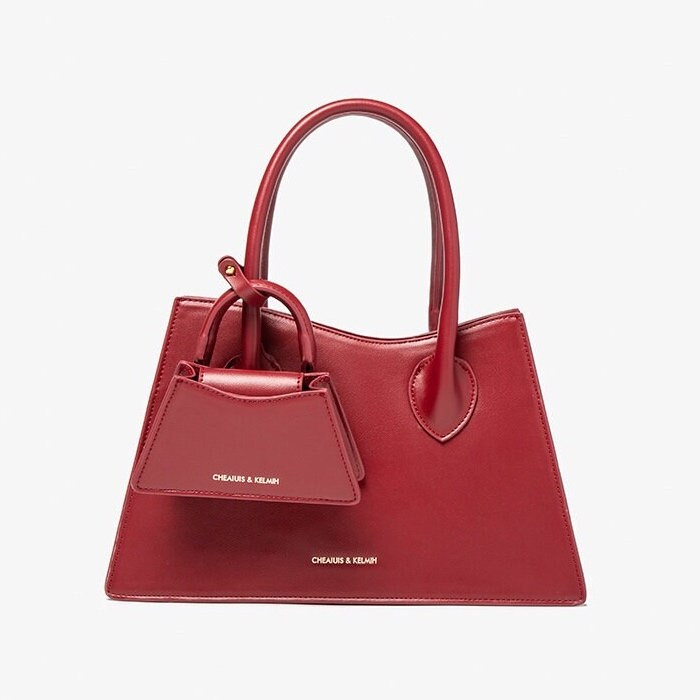 Cute Red Solid Color 2 in 1 Minimalist Luxury Genuine Leather Handheld Handbag for Women + Mini Handbag, Shoulder Bag, Crossbody Bag