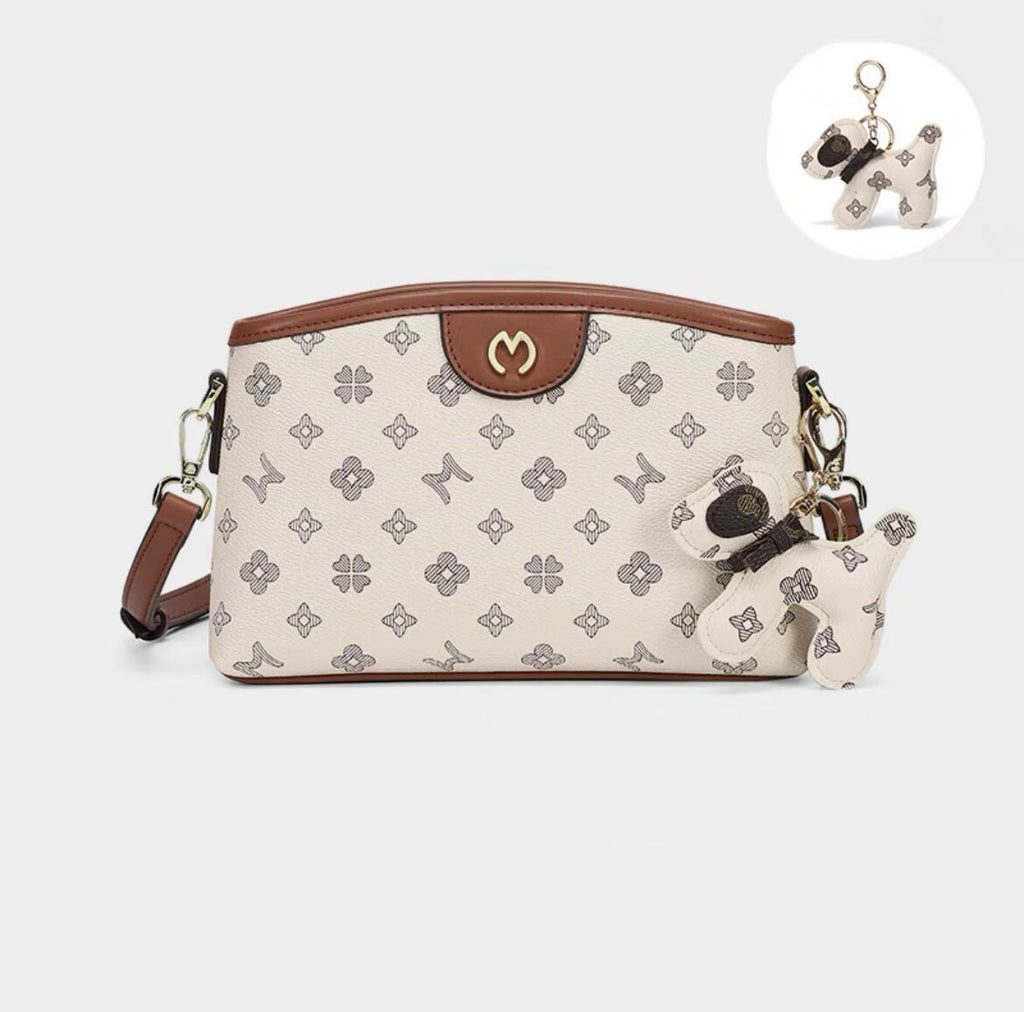 Cute Brown, Khaki & Beige Simple Minimalist Monogram Luxury PVC Leather Crossbody Bag for Women, Messenger Bag + Little Stuffed Dog Clip