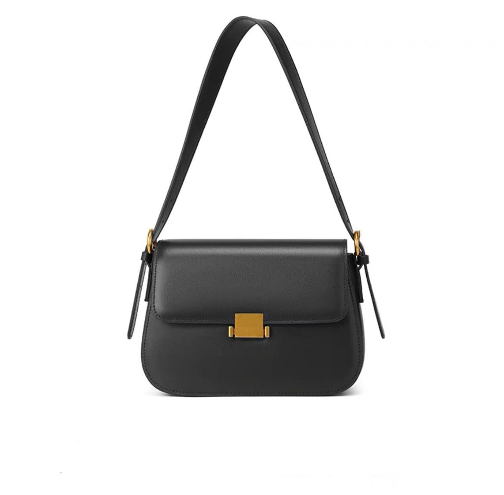 Cute Apricot, Brown, Black & Beige Minimalist Simple Slick Luxury Cowhide Leather Handbag for Women, Shoulder Bag, Messenger Bag, Baguette