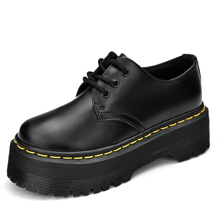 Stylish Black Genuine Leather Shoes, Oxford Shoes for Women, Cute Platform Shoes, Tie Lace Up Front Creepers, Solid Round Toe Leather Shoes