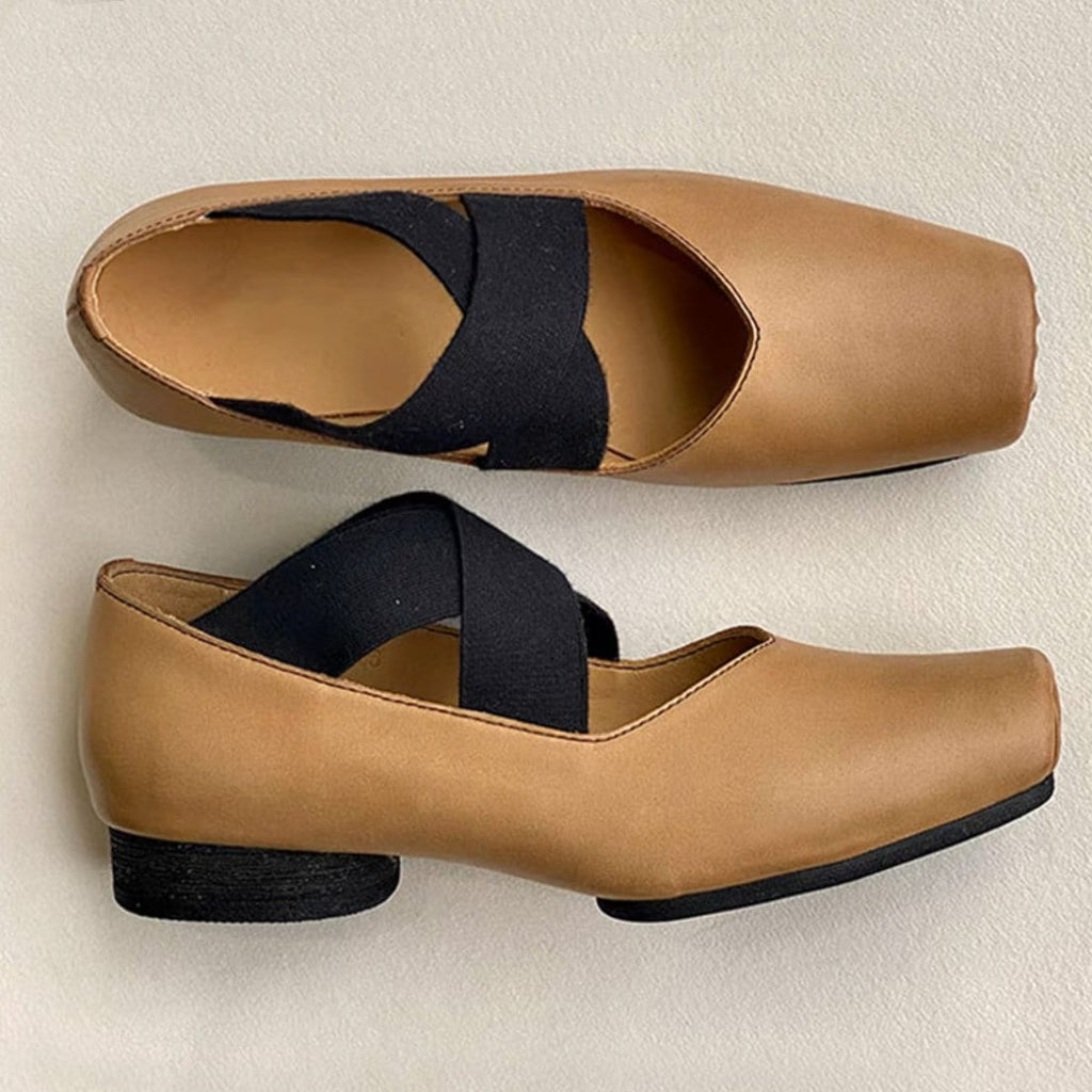 Cute Genuine Leather Ballet Flats, Square Toe Heeled Shoes, Mary Jane Square Head Flats, Ballerina Flats, Retro Front Strap Shoes for Women