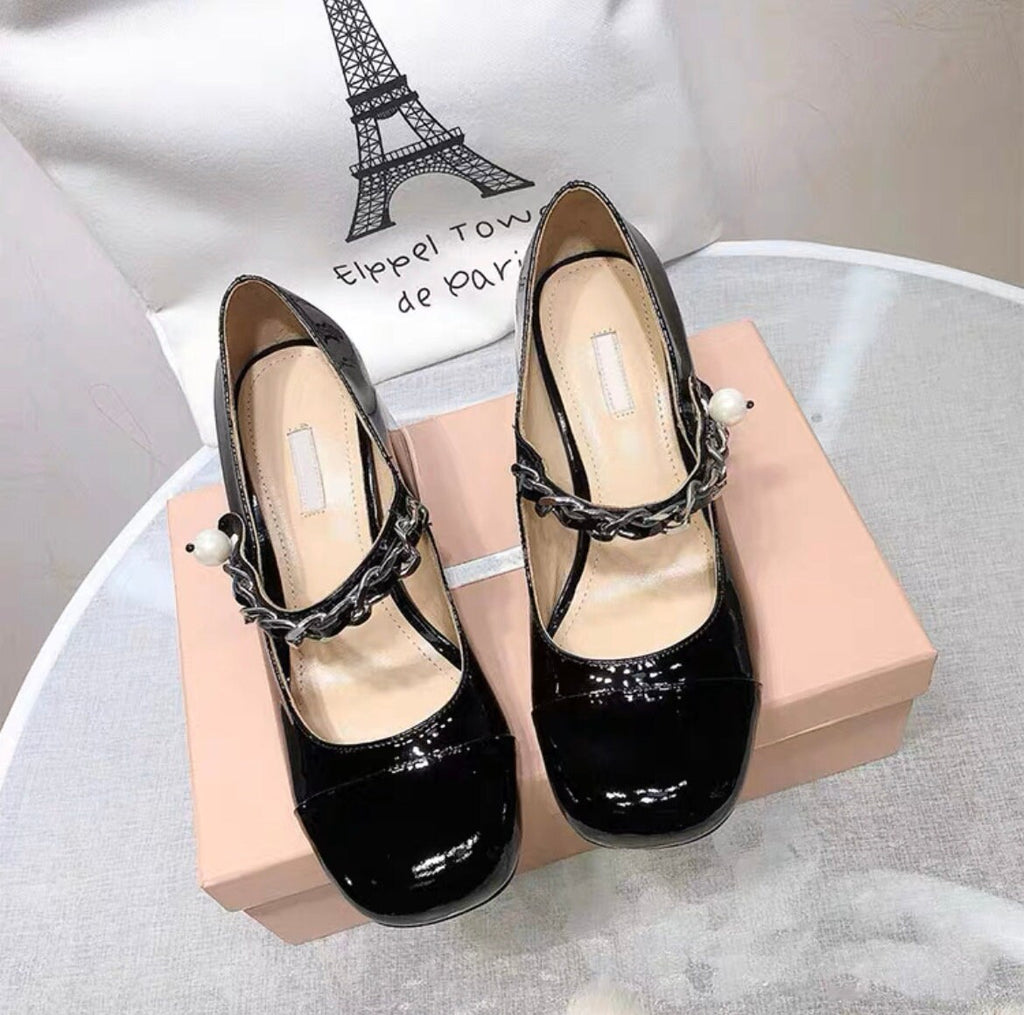 French Style High Heels, Patent Leather Square Toe Heels, Mary Jane Shoes, Contrast Color Heels, Pearl Decor Fromt Strap Heels for Women