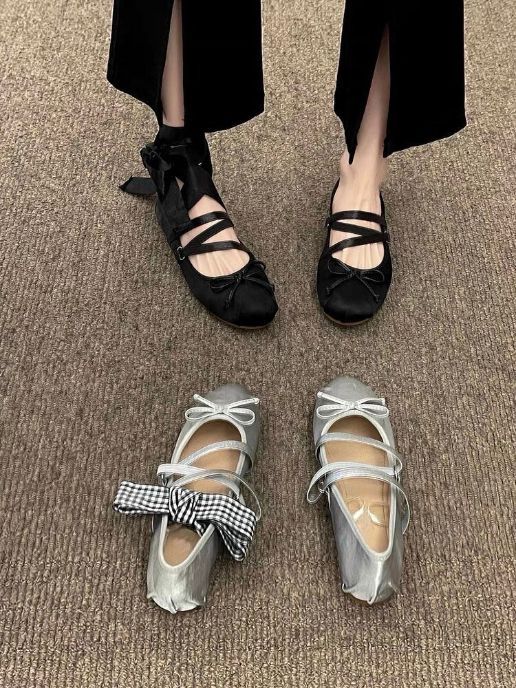 Women Retro Mary Jane Shoes, Ballerina Vintage Flats Shoes, Plain Toe Ballet Flats for Women, Round Toe Retro Black Pink Sliver Shoes