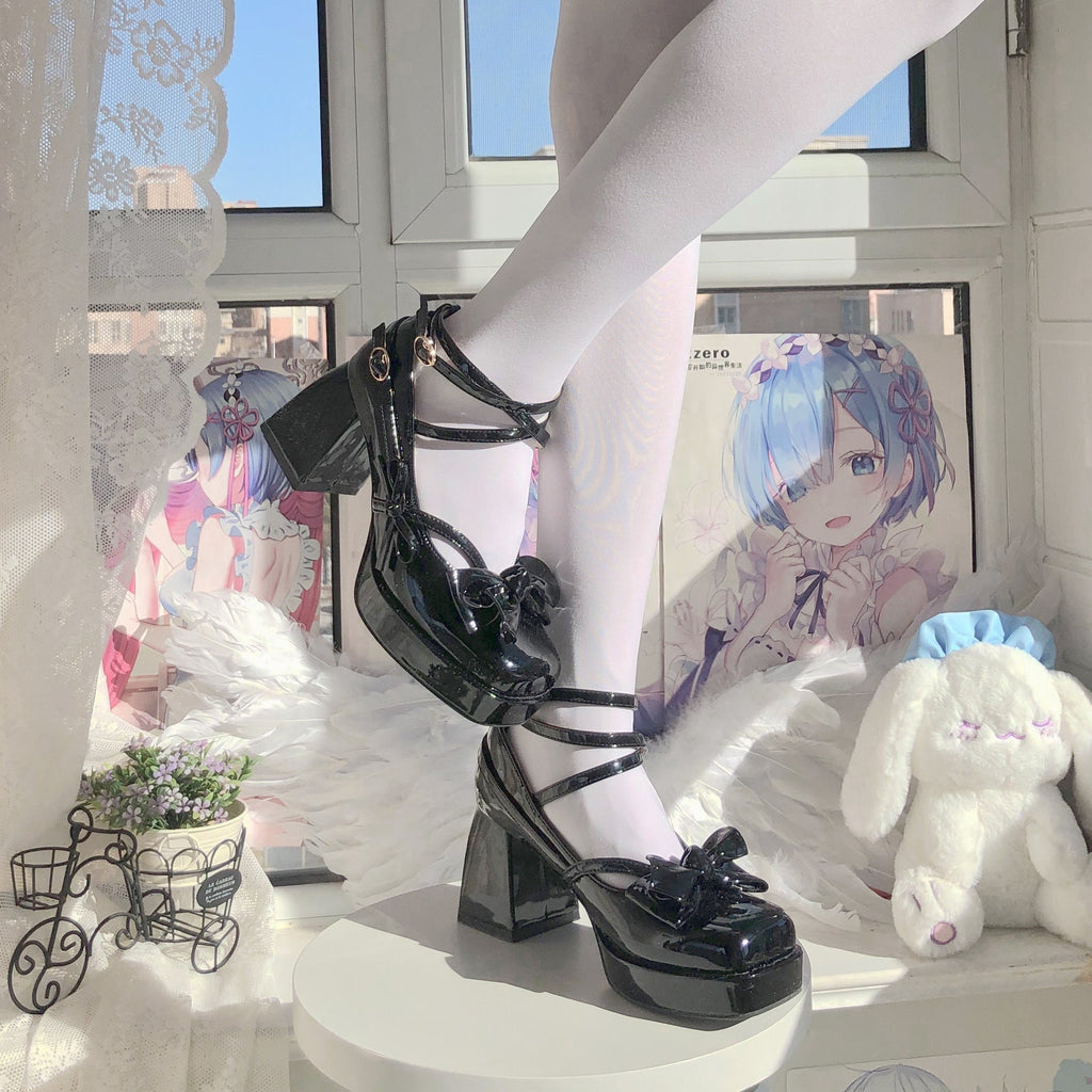 Solid Mary Jane High Heels, Lolita Bow Decor High Heels, Front Strap Heels for Women, Square Toe High Heels, Patent Leather Ballet Shoes