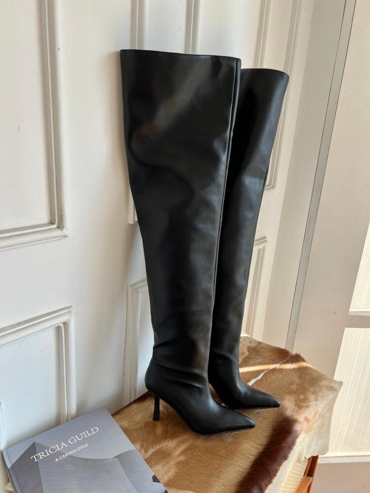 Stylish Leather Knee-High Boots for Women, Black Slouch Heel Boots, Point Toe Slouchy Leather Heel Boots, Size 35 36 37 38 39 40 41 42