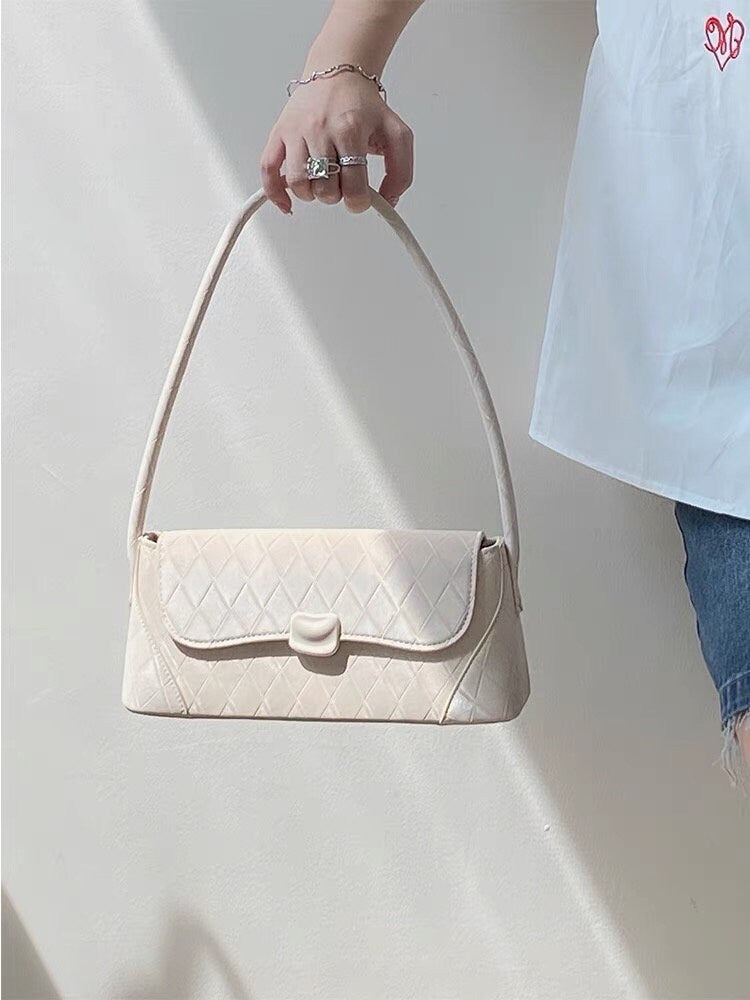 Pink Diamond Pattern Leather Handbag, Underarm Handbag, Cute Baguette, Shoulder bag for Women, White Handbag for Girls, Vegan Leather Bag